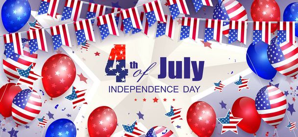 Świąteczne światło ilustracja z balonami z elementem flagi USA, Dzień Niepodległości. - Wektor, obraz