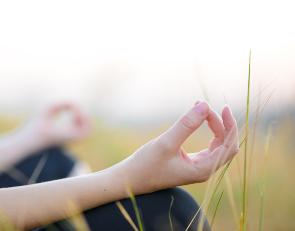 Pratiques de la femme Yoga sur la prairie
 - Photo, image