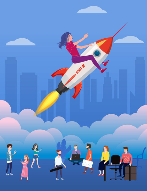 Donna d'affari su un razzo volare Start up, attraverso il cielo il 2022 anno. Metafore sul raggiungimento degli obiettivi. Sfondo urbano. Illustrazione vettoriale stile cartone animato - Vettoriali, immagini