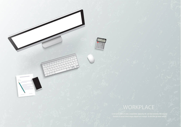 Top view of workplace background, monitor, keyboard, notebook, phone, documents, folder, planner, calculator, Workspace, analytics, optimization, management. Vector - Vector, Image