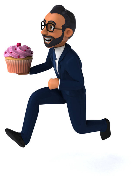 Fun 3D cartoon illustration of an indian businessman with cupcake  - Φωτογραφία, εικόνα