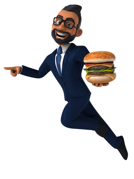 Fun 3D cartoon illustration of an indian businessman with burger  - Fotó, kép