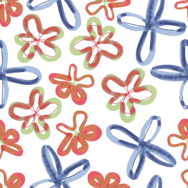 seamless doodle hand drawn multi colour ink flowers pattern  background , greeting card or fabric - Vector, Image