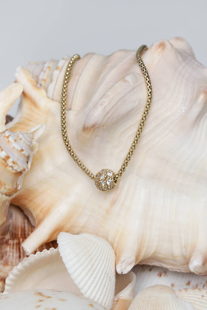 Necklase product shot. Gold necklace with round pendant on marine shell background. Jewelry fashion photography. - Fotoğraf, Görsel