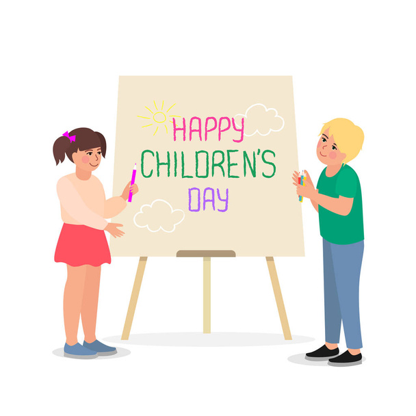 Feliz Dia da Criança ilustração. Crianças escrevem no quadro. - Vetor, Imagem