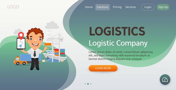 Logistic Company weboldal sablon. Illusztráció egy rajzfilm mosolygós logisztikus áll a mólón előtt egy teherhajó és egy teherautó. Kompozíció egy profi férfival. Lapos férfi karakter. - Vektor, kép