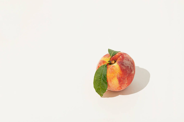 Minimaalinen kesän hedelmäkuvio, joka on valmistettu auringonvalosta oranssinkeltaisesta tuoreesta, kypsästä persikasta, jossa on vihreä lehti eristetyllä pastelli beige taustalla. Kasvien rakenne. Aurinkoa ja varjoja. Luomu, terveellinen, raaka ruoka kasvissyöjä käsite. - Valokuva, kuva