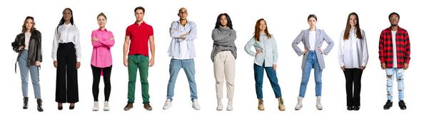 Set of young happy, multi ethnic people, men and women standing isolated over white background, Horizontal flyer, banner. Models in casual clothes - Valokuva, kuva