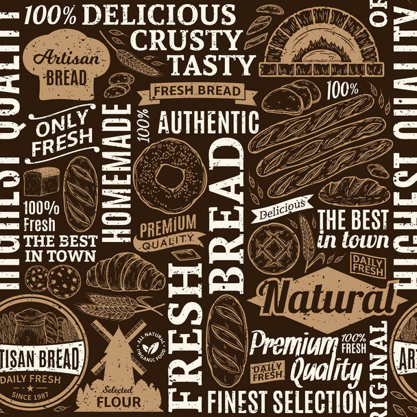 Retro stijl typografische vector brood en bakkerij naadloos patroon of achtergrond. Brood en bakkerij illustraties, vector voedsel pictogrammen voor gebakken goederen randing en identiteit - Vector, afbeelding