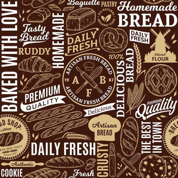 Typografische vector brood en bakkerij naadloos patroon of achtergrond. Brood en bakkerij illustraties, vector voedsel pictogrammen voor gebakken goederen randing en identiteit - Vector, afbeelding