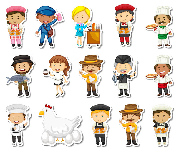 Sticker set of different professions cartoon characters illustration - Vector, Image