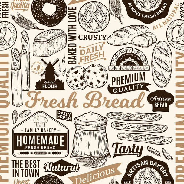 タイポグラフィベクトルパンやパン屋シームレスなパターンや背景。パンやパンのイラスト、焼き菓子のベクトルフードのアイコンとアイデンティティ - ベクター画像