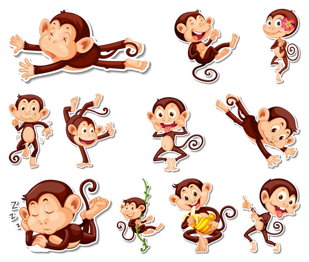 Sticker jeu de personnages de dessin animé singe drôle illustration - Vecteur, image