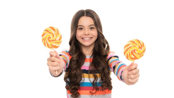 for you. teen dental care. sweet tooth. yummy. happy girl hold lollipop isolated on white. - Foto, Imagen
