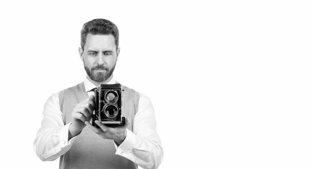 photographe faisant des photos avec appareil photo professionnel isolé sur blanc, espace de copie, photographie. - Photo, image