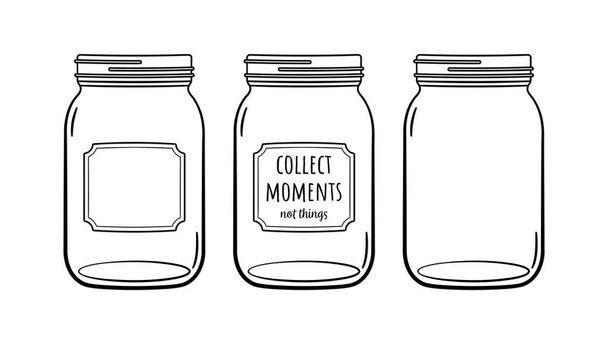 Mason Jar Recoger momentos no cosas Bola frasco enlatado Frasco vacío con etiqueta en blanco - Vector, Imagen