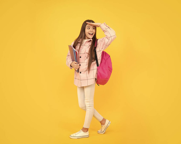 happy kid girl wear pink checkered shirt carry school bag and notebooks, hello - Foto, imagen