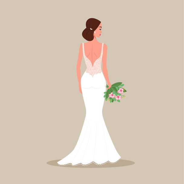 La sposa in abito da sera con un bouquet in mano. Illustrazione vettoriale in stile fumetto piatto - Vettoriali, immagini