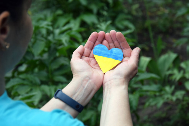 女性は、ウクライナの国旗のように、青と黄色で飾られた彼女の手の中に心を持っています。独立、旗、憲法記念日、国民の祝日。ウクライナでの戦争. - 写真・画像
