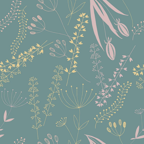 Seamless pattern of multi-colored herbs in pastel colors on a turquoise background. - Vettoriali, immagini