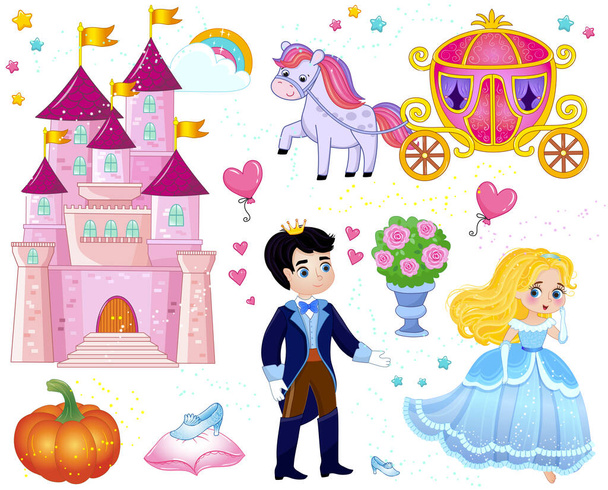 Set of fairy tale items and characters in cartoon style. Prince and princess near the castle. Vector illustration - Vector, Image