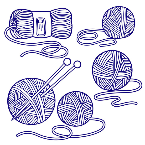 Conjunto de vectores, para niños libro para colorear en un estilo garabato. Grupo de bolas de hilo, madeja, agujas para tejer - Vector, Imagen