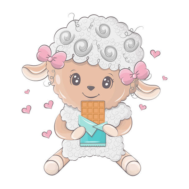 Cute cartoon sheep vector illumination. Sheep sits with a bar of chocolate. Cute little illustration of lamb for kids, baby book, fairy tales, baby shower invitation, textile t-shirt, sticker. - Vector, Image