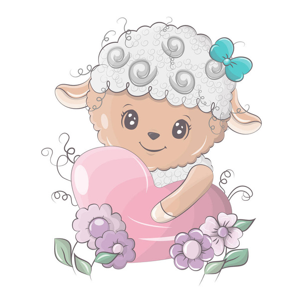 Πρόβατα φωτισμού εικόνα κινουμένων σχεδίων. Το πρόβατο αγκαλιάζει μια γλυκιά καρδιά. Χαριτωμένη μικρή απεικόνιση του αρνιού για τα παιδιά, βιβλίο μωρό, παραμύθια, πρόσκληση ντους μωρό, υφασμάτινο t-shirt, αυτοκόλλητο. - Διάνυσμα, εικόνα