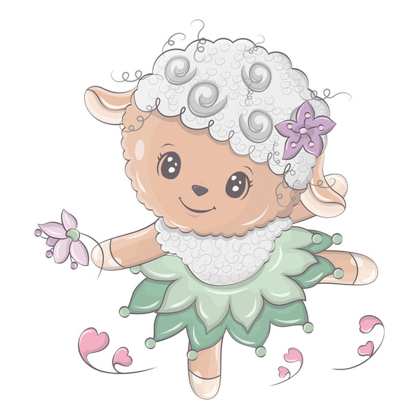 かわいい羊のクリッパーベクトル照明。羊は美しいドレスで踊っている。子供のための子羊のかわいいイラスト、赤ちゃんの本、おとぎ話、ベビーシャワー招待状、テキスタイルTシャツ、ステッカー. - ベクター画像