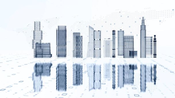 Una città intelligente. Trasformazione digitale e cloud computing concetto di data center. Illustrazione 3D. - Foto, immagini