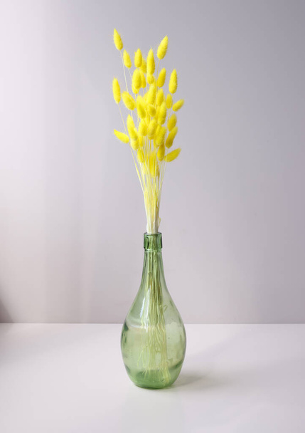 vaso de vidro de lebres amarelas cauda grama Lagurus ovatus - Foto, Imagem