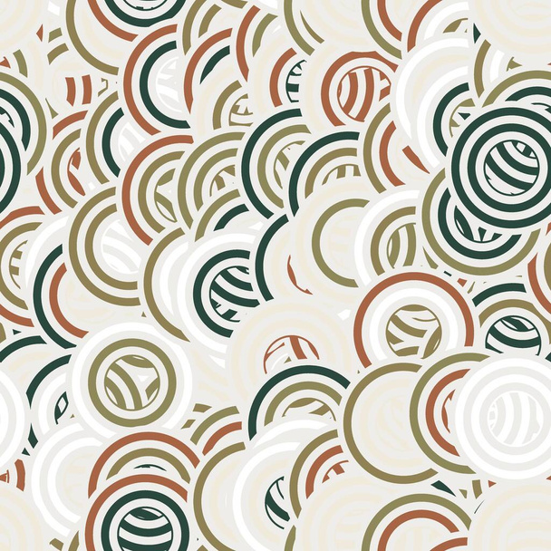 Seamless concentric circle in retro colors dizzy surface pattern design for print. High quality illustration. Psychedelic geo tile of random overlaid dynamic round stripe shaped circles piled up. - Photo, image