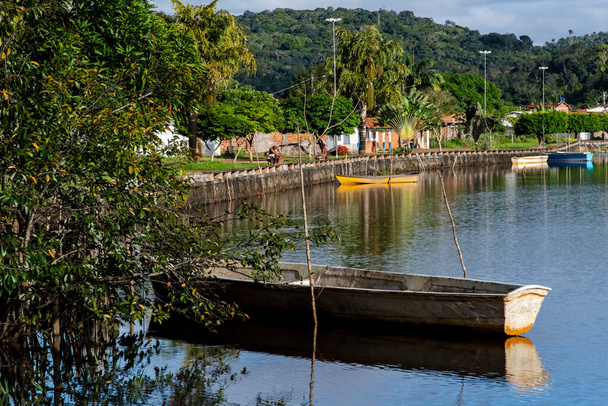 Boat stopped on the river among the trees. Nilo Pecanha, Bahia, Brazil. - Фото, изображение