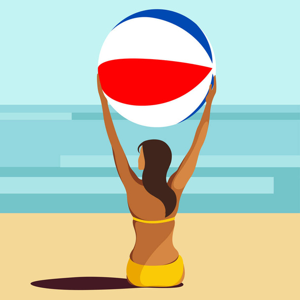 vektor kép a téma a nyári szünet. egy sárga fürdőruhás napbarnított lány ül a parton, és egy hatalmas felfújható labdát tart kinyújtott karjain a tenger vagy az óceán hátterének támaszkodva.. - Vektor, kép