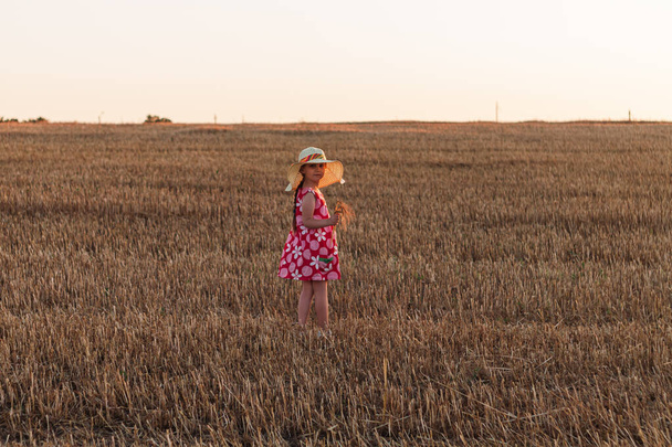 Dziewczynka w słomkowym kapeluszu sukienka w polu kolce pszenicy. Uśmiechnięty dzieciak w okularach przeciwsłonecznych na zachodzie słońca. Rolnictwo rodzinne ekologia środowiska koncepcja rolnictwa. Estetyczny styl Cottagecore. - Zdjęcie, obraz