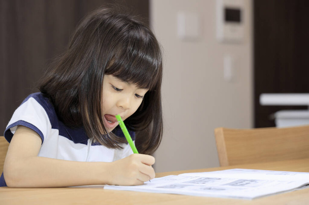 studying Japanese girl in dining room (7 years old) - Φωτογραφία, εικόνα