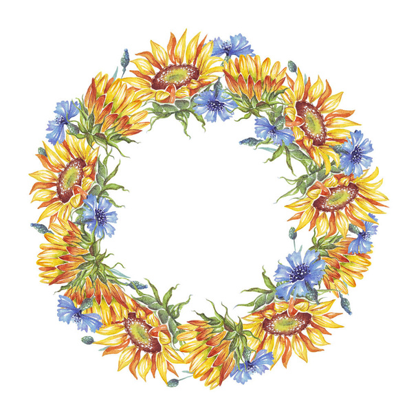 Ukrainian wreath. Watercolor sunflower and cornflower - Foto, imagen