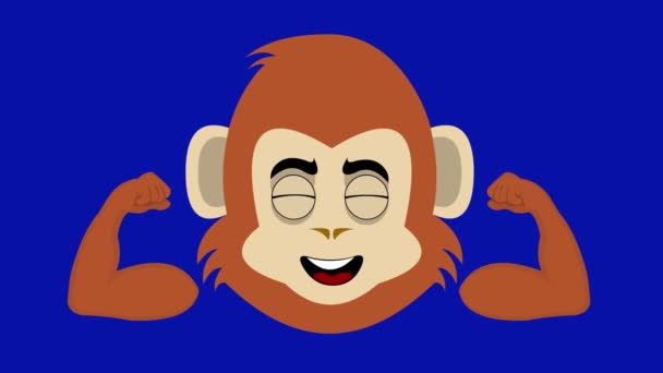 Loop animatie van het gezicht van een cartoon aap of gorilla flexen zijn armen en samentrekken van zijn biceps, op een blauwe chroma key achtergrond - Video