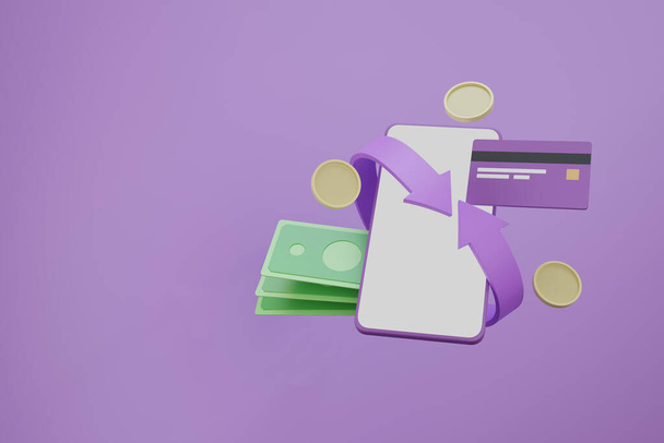 Akıllı telefonun etrafındaki az miktardaki nakit para iadesi oku şeklindeki banknotlar ve mor arkaplandaki kredi kartı çizimleri 3D - Fotoğraf, Görsel