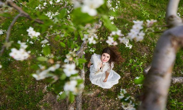 Beautiful young woman in long dress in an apple orchard - Fotografie, Obrázek