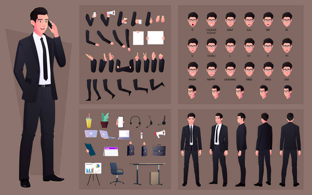 Charakterkonstrukteur mit Geschäftsmann im schwarzen Anzug. Handgesten, Emotionen, Lippensynchronisation und einige Bürogegenstände - Vektor, Bild
