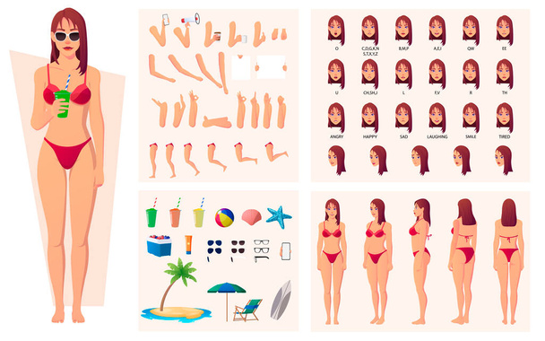 Estate Donna Indossando Bikini Personaggio Costruttore con usura da spiaggia e labbro lato sincronizzazione, vista anteriore e posteriore Illustrazione - Vettoriali, immagini