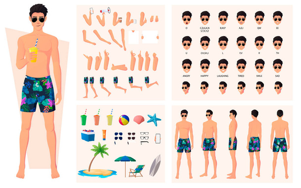 Postava Constructor with Man Wearing Swim Trunks and Sun Glasses on Beach. Synchronizace rtů, gesta rukou, emoce a vektorový soubor piknikových položek - Vektor, obrázek