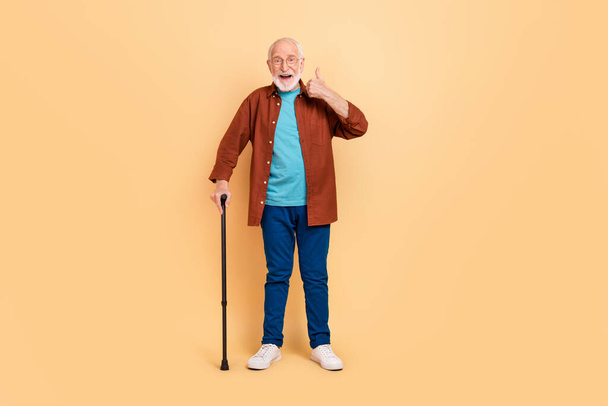 Full length image of happy pensioner go on walk recommend you active healthy lifestyle isolated on beige color background - Fotoğraf, Görsel