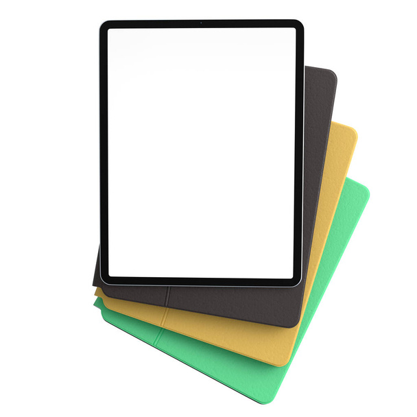 Set of computer tablets with cover case and blank screen isolated on white background. 3D rendering concept of creative designer equipment and compact workspace - Valokuva, kuva