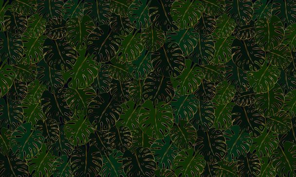 Floral vector background of stylized monstera leaves with gold outline. Luxury natural background - Vektör, Görsel