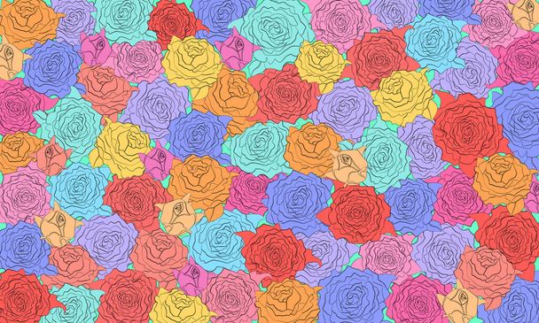 Floral vector background of stylized bright multi-colored roses. Contour roses with different color filling - Vettoriali, immagini
