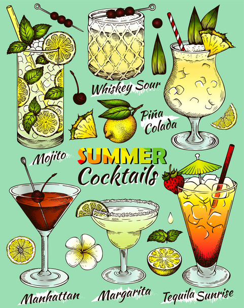 Schets met de hand getekende set van kleurrijke Summer alcohol cocktails op blauwe achtergrond. Bar menu. Schets het tekenen van drankjes met citroen, limoen, sinaasappel, ananas, munt, maraschino kers. Illustratie van de retrovector. - Vector, afbeelding