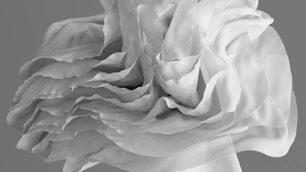 3D καθιστούν, αφηρημένη απλό φόντο με στρώματα drapery και διπλωμένο υφασμάτινο βολάν, λευκό πανί μακροεντολή απομονώνονται σε γκρι, κυματιστή ταπετσαρία μόδας - Φωτογραφία, εικόνα