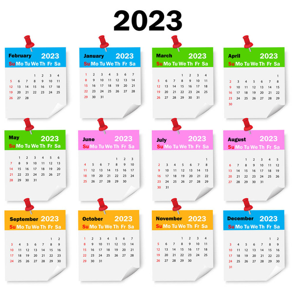 színes naptár 2023. 2023 egész hónapját tűkön ülve. 2023-as számminta. Vektor illusztráció. készletkép. - Vektor, kép